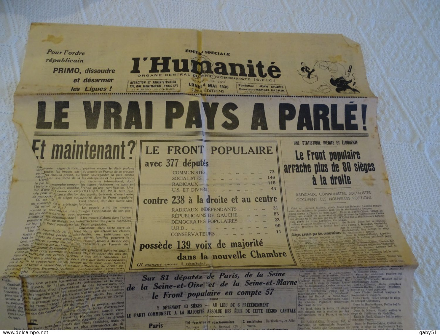 L'Humanité, 4 Mai 1936 "Le Vrai Pays A Parlé !" Numéro Historique ; VP07 - Informations Générales