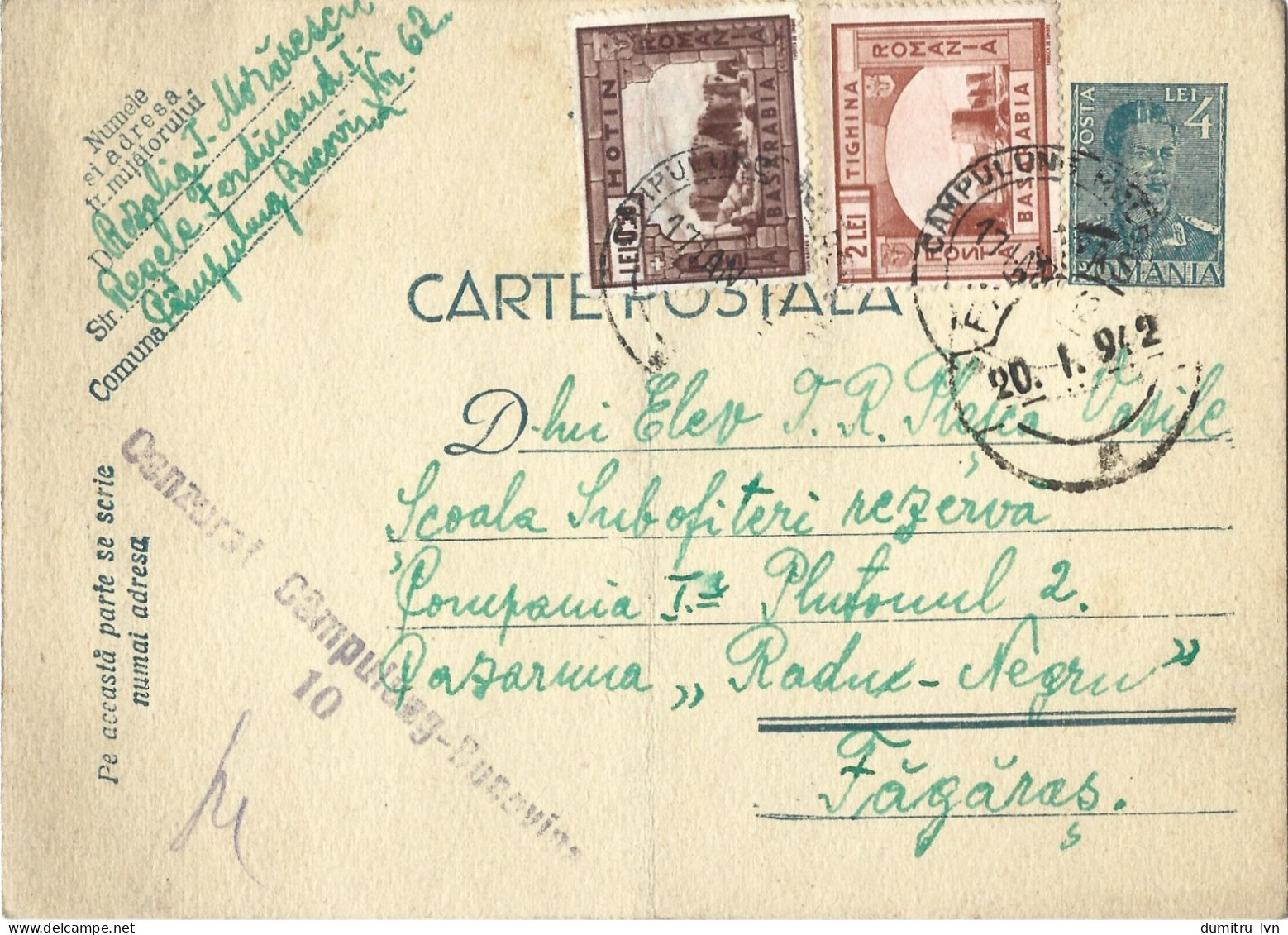 ROMANIA 1942 POSTCARD, CENSORED CAMPULUNG-BUCOVINA 10, STAMPS BASARABIA HOTIN, TIGHINA POSTCARD STATIONERY - World War 2 Letters