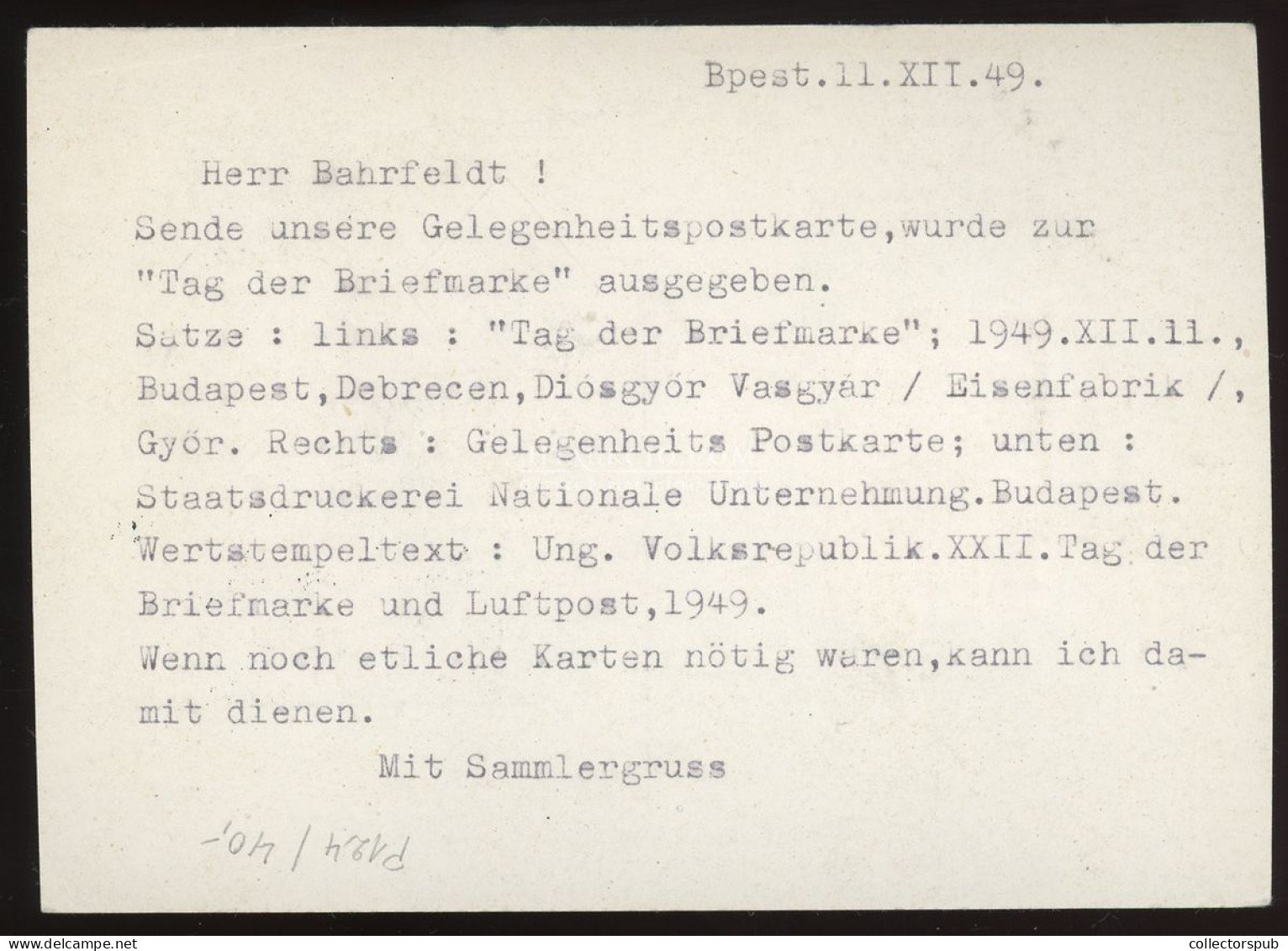 1949 Bélyegnap Díjjegyes Levelezőlap FDC - Briefe U. Dokumente