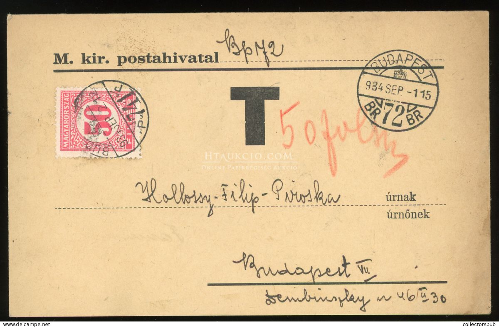 BUDAPEST 1934. Portó Pótlás Levlapon 50f - Covers & Documents