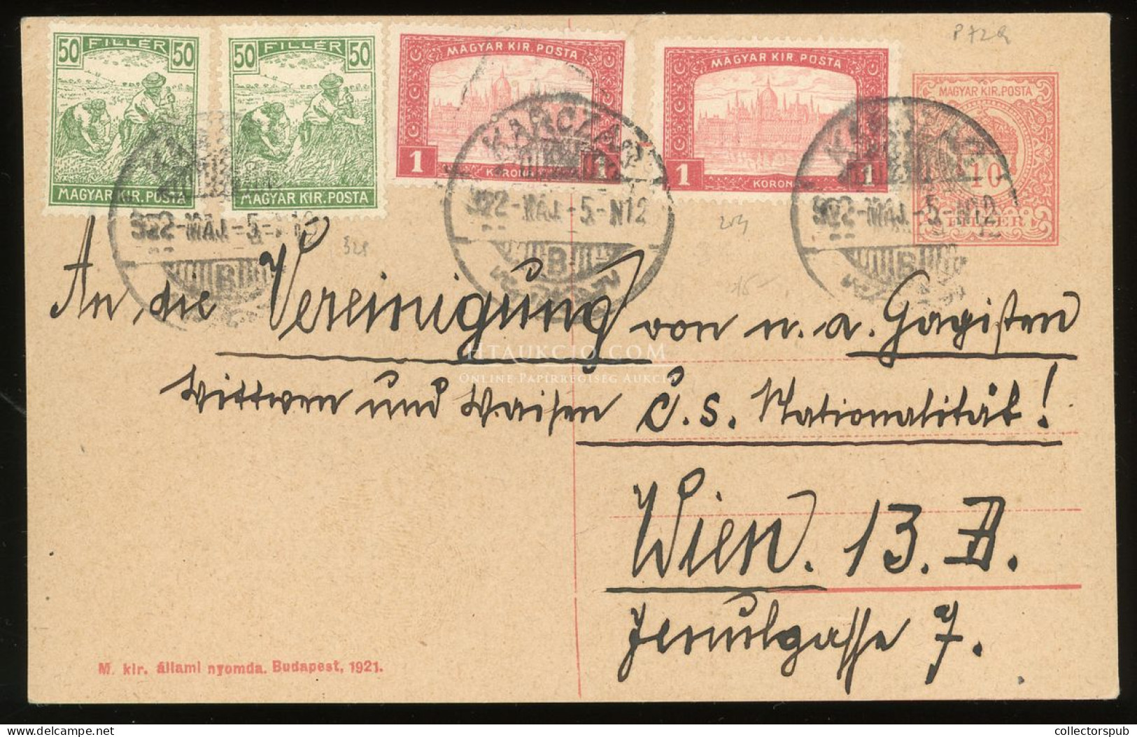 KARCAG 1922. Kiegészített Díjjegyes Levlap Bécsbe - Storia Postale