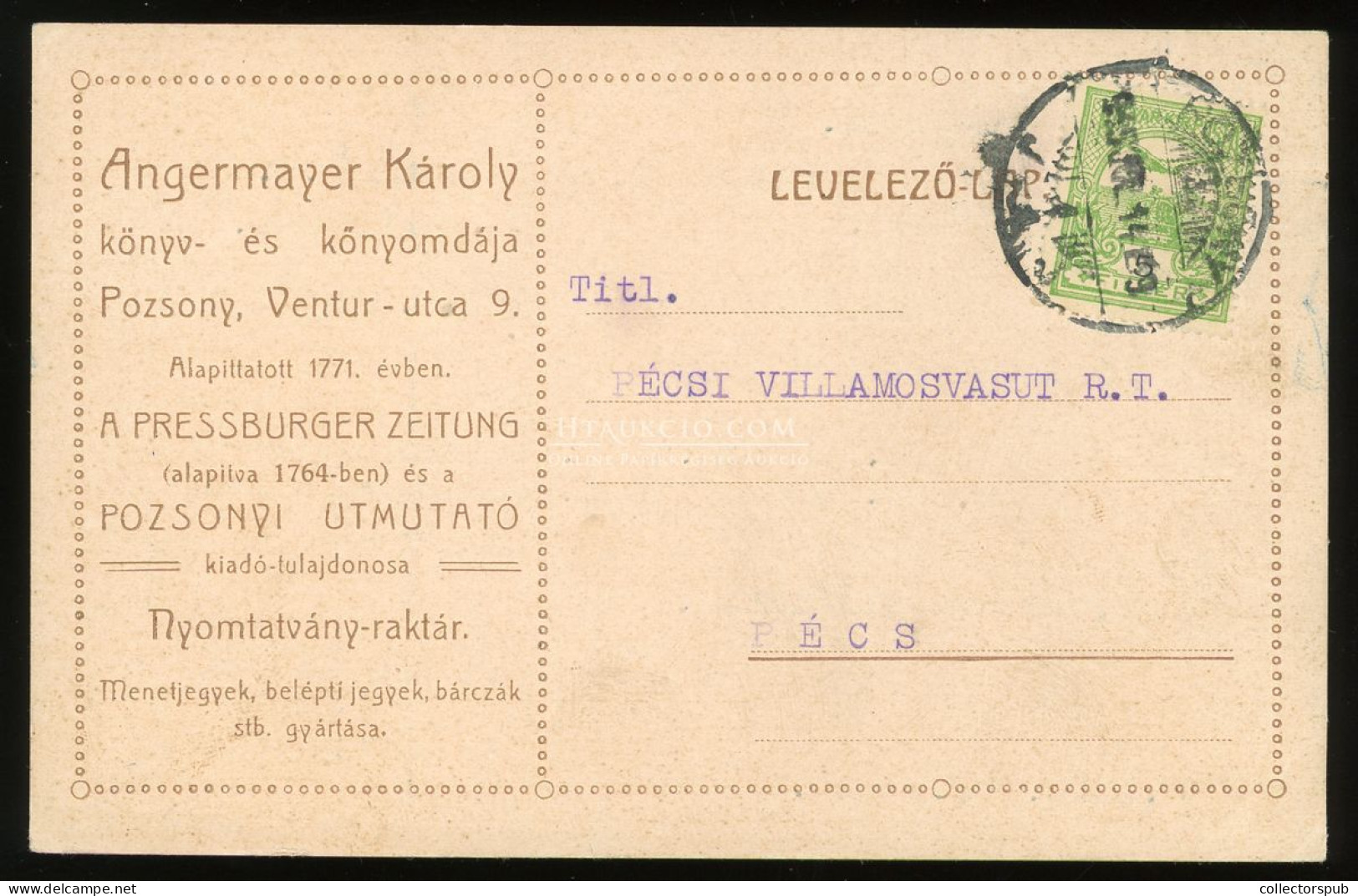 POZSONY 1915. Angermayer Nyomda, Céges Levlap Pécsre - Covers & Documents