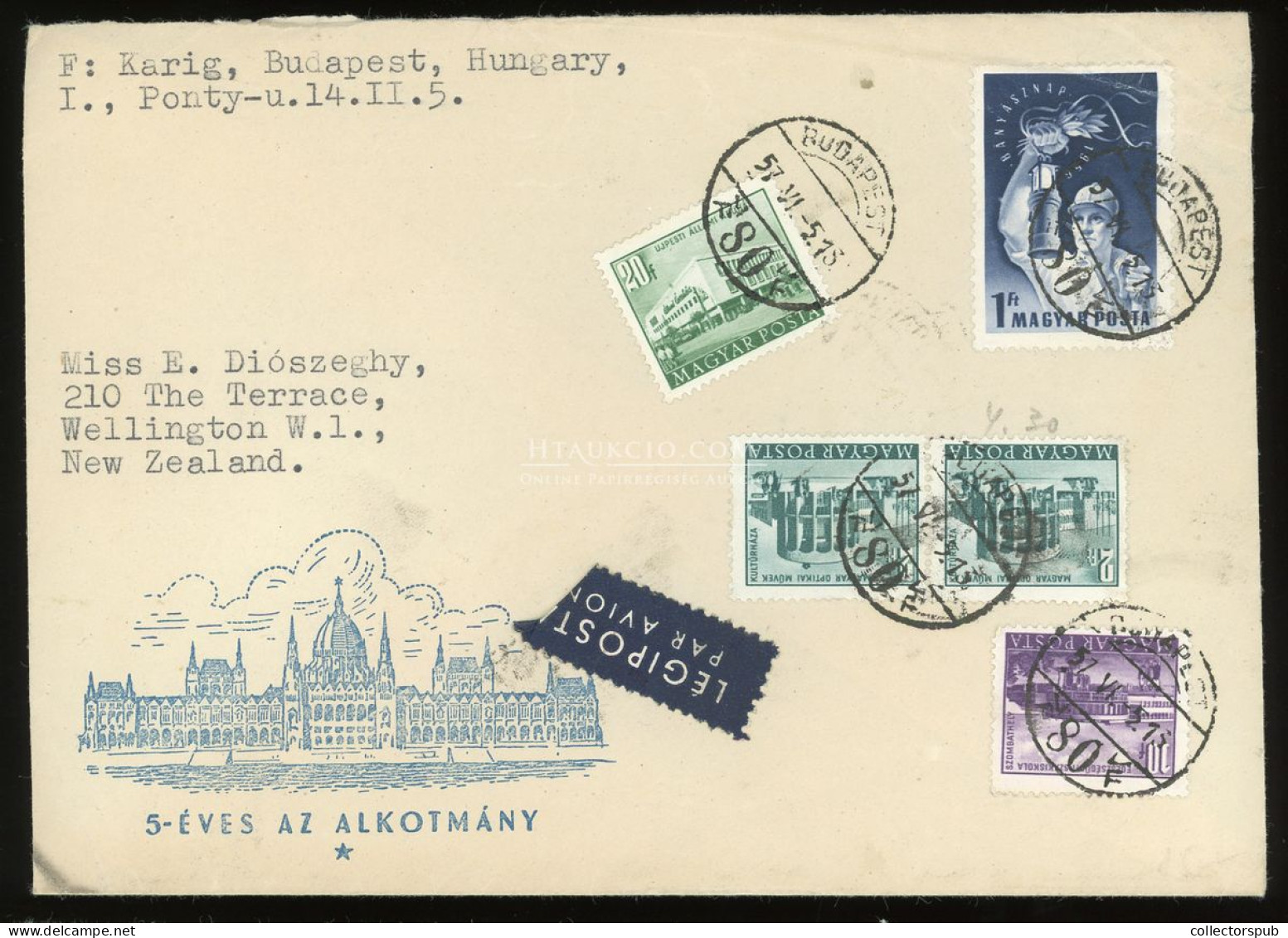 BUDAPEST 1957. Dekoratív, Parlamentes Légi Levél Új-Zélandra Küldve - Covers & Documents