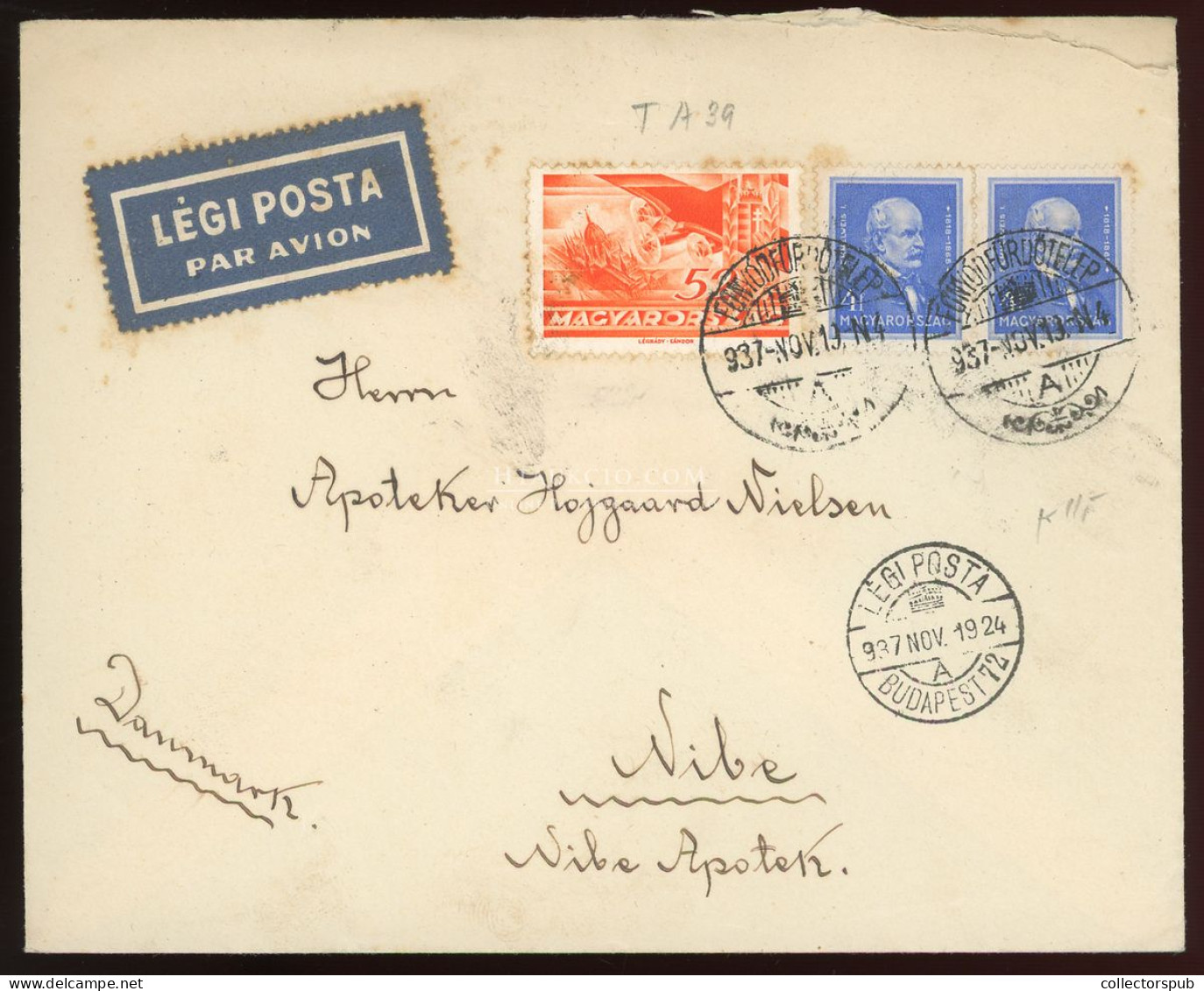 FONYÓDFÜRDŐ 1937. Légi Levél Dániába, Levélzáróval - Lettres & Documents