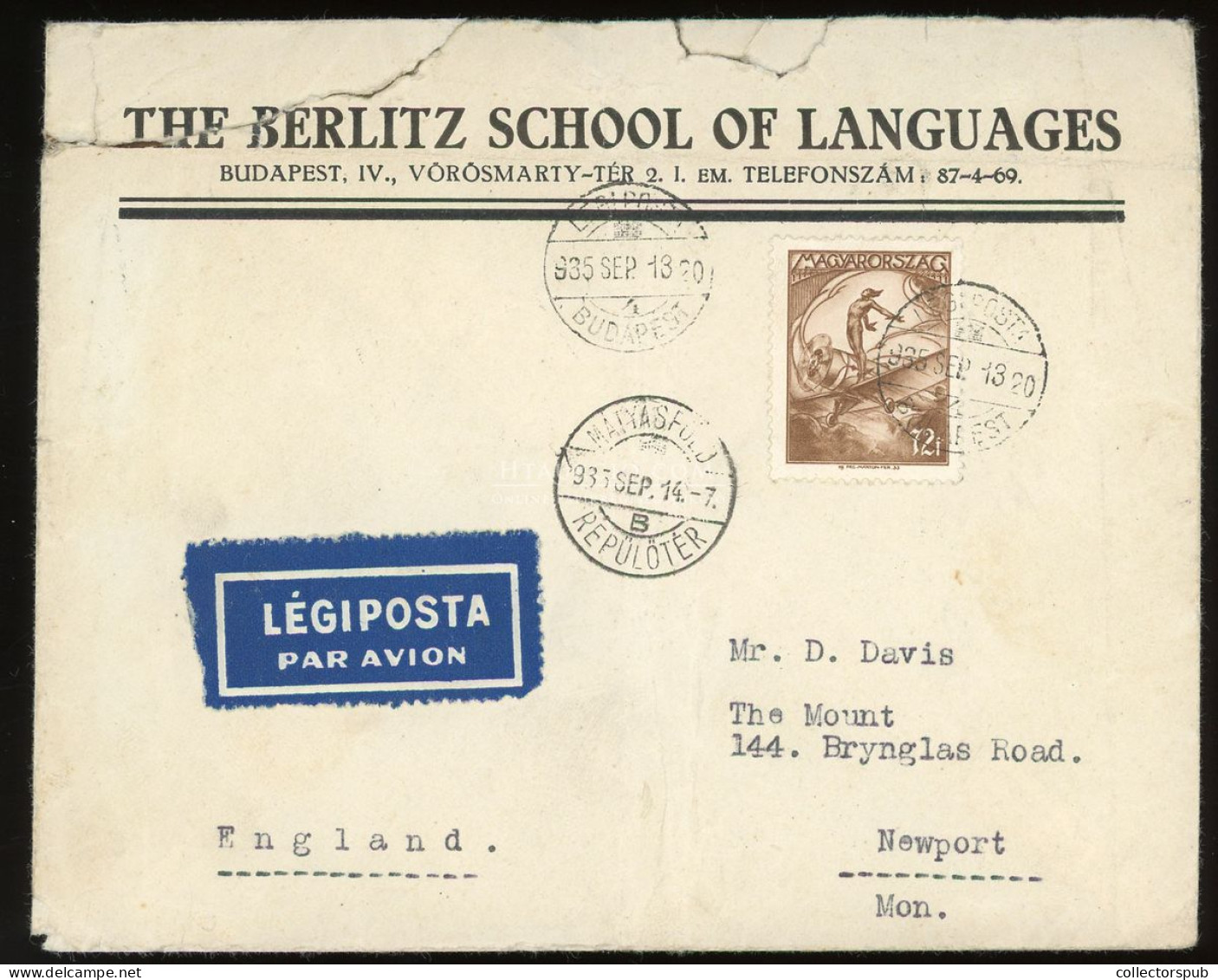 MÁTYÁSFÖLD 1935. Légi Levél Angliába - Lettres & Documents