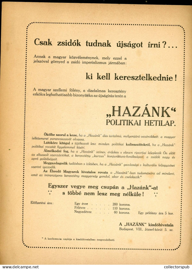 Az Ébredő Magyarok Egyesülete II. Országos Elnöki Konferenciájának Naplója. Budapest, 1920.  1 T. (Szmrecsányi György Dí - Libros Antiguos Y De Colección