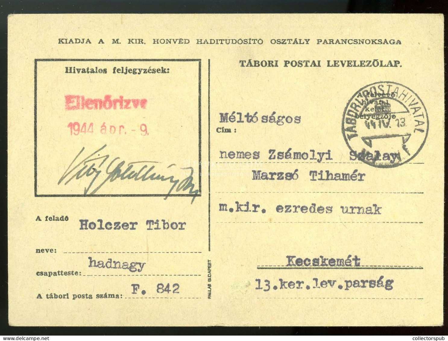 II. VH. 1944. Rajzos, Tábori Levlap, Szalay-Marzsó Tihamér Ezredesnek Kecskemétre Küldve - Ungarn