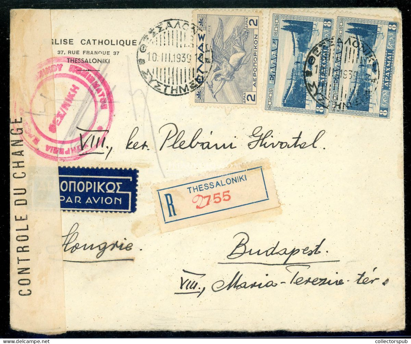 GÖRÖGORSZÁG 1939. Cenzúrázott, Ajánlott Légi Levél Budapestre - Covers & Documents