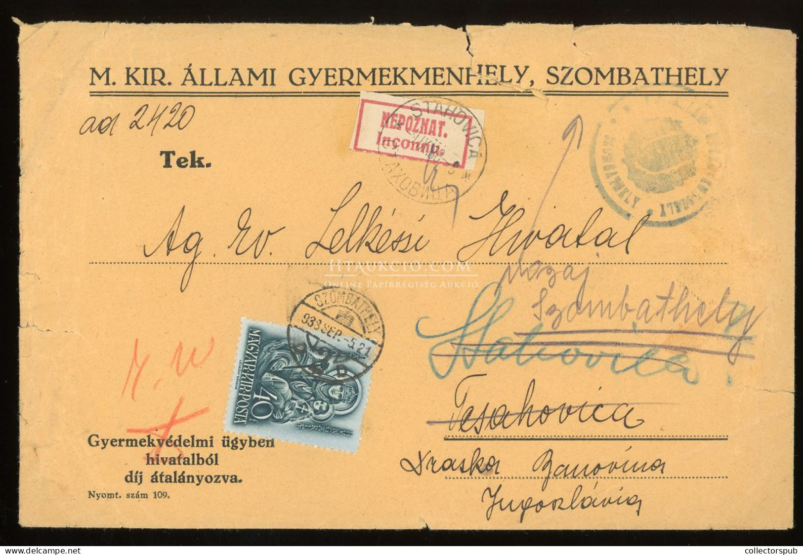 SZOMBATHELY 1938. Érdekes Levél, Jugoszláviából Visszaküldve - Cartas & Documentos