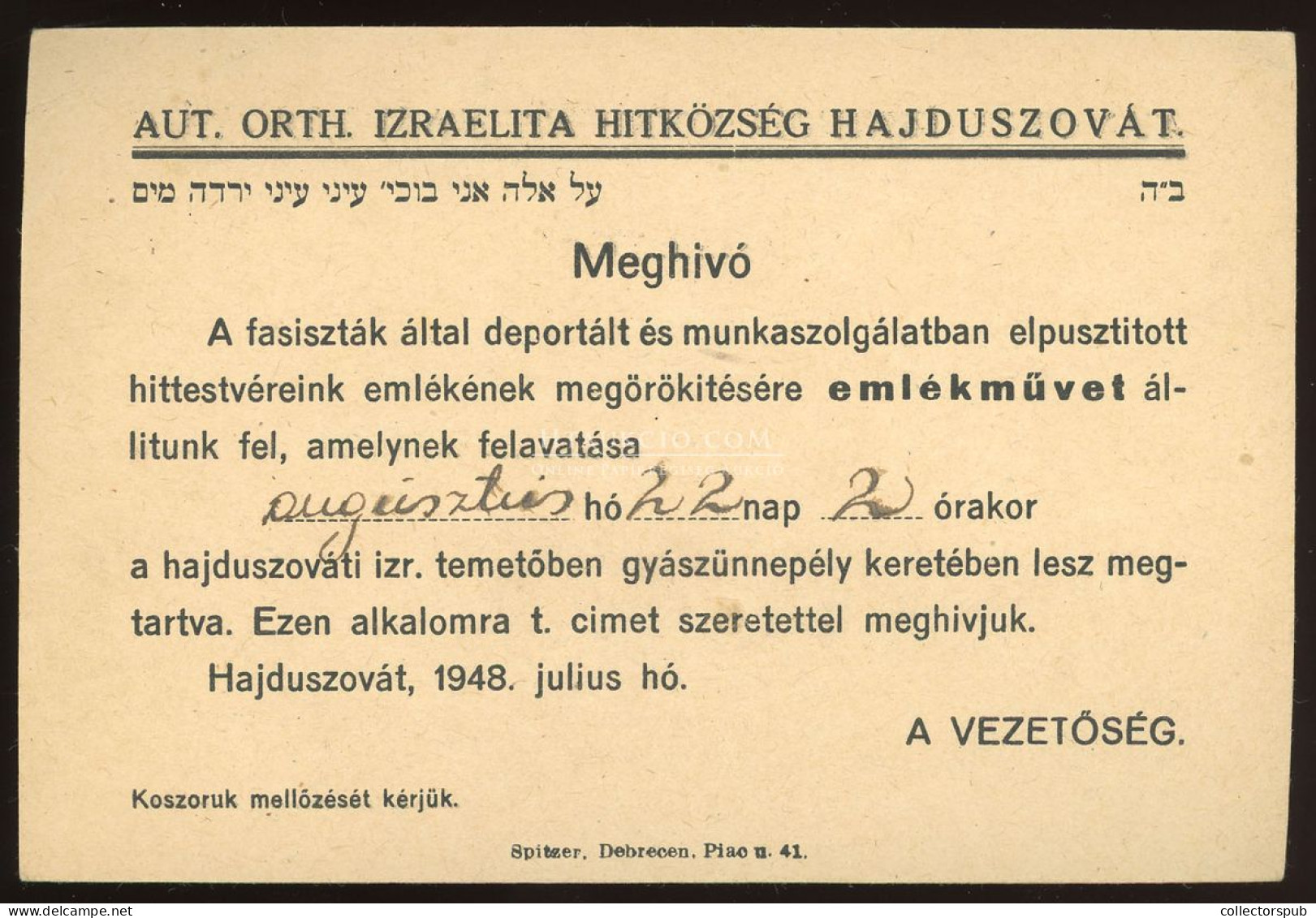 HAJDÚSZOVÁT 1948. Izraelita Hitközség, Helyi Levlap, érdekes Tartalommal ! - Otros & Sin Clasificación