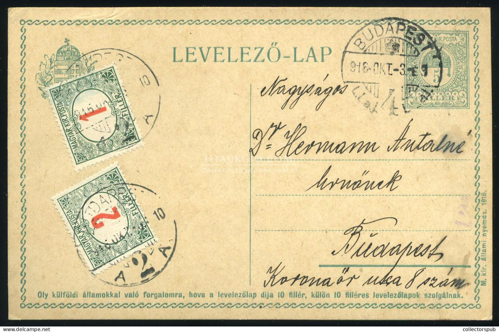 BUDAPEST 1916.10.03. Helyi Díjjegyes Levlap, A Tarifa Váltás Miatt, 8f-re Kiegészítve Portó Bélyeggel!!! - Lettres & Documents