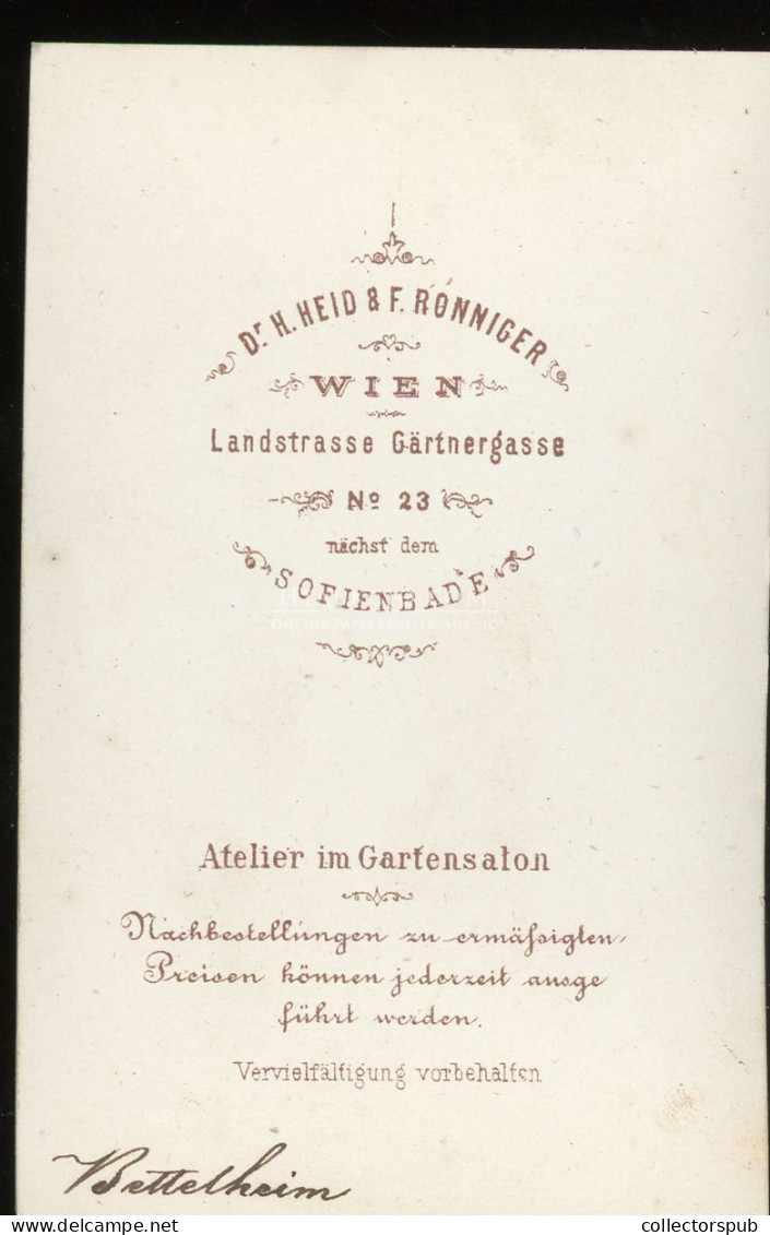 WIEN 1870. Ca. H.Heid & Ronniger 1865-70. Bettelheim Karolina Operaénekesnő, Zeneszerző  (Pest 1845- Bécs 1925) Visit Fo - Alte (vor 1900)