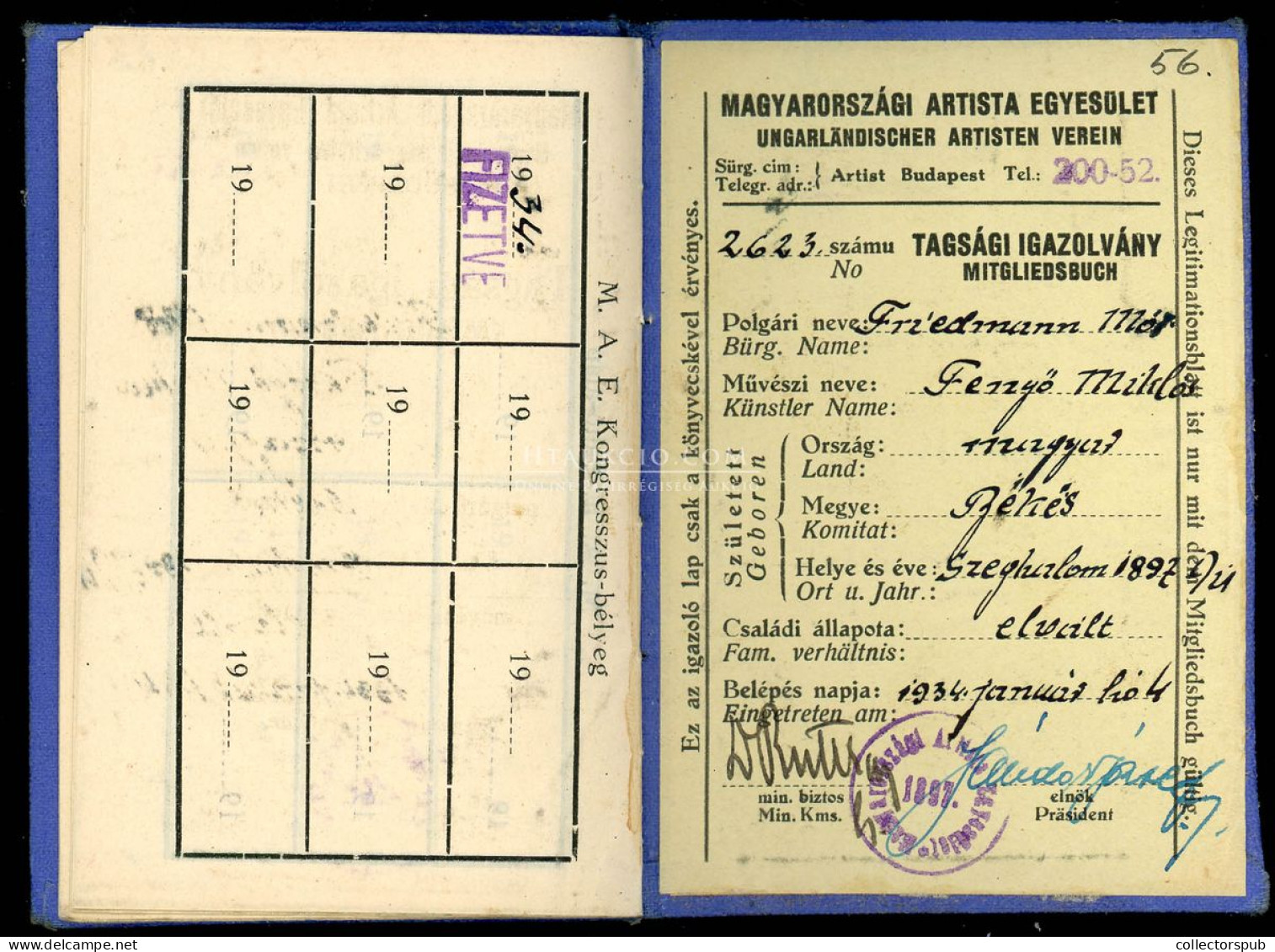 1934. Magyar Artista Egyesület Tagsági Igazolvány, Friedmann Mór Részére. (Fenyő Miklós Művésznévvel Lépett Fel A Világb - Other & Unclassified