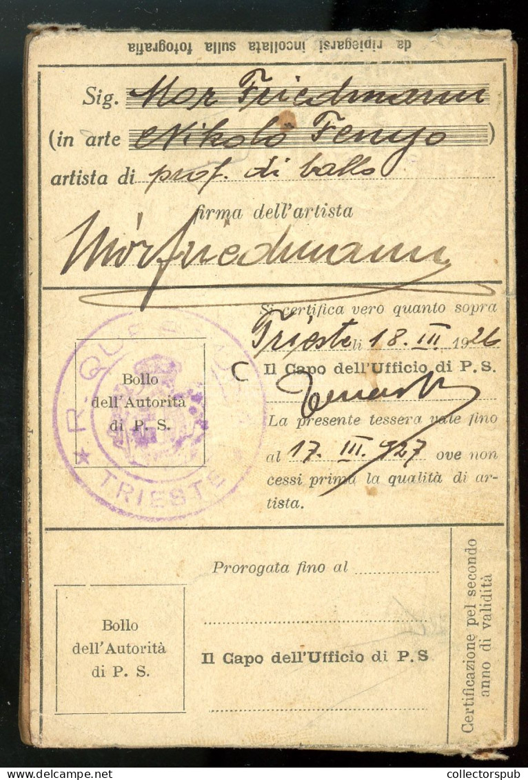 1926. Triest, Friedmann Mór (Fenyő Miklós) Arcképes, Olasz Vasúti Igazolványa - Other & Unclassified