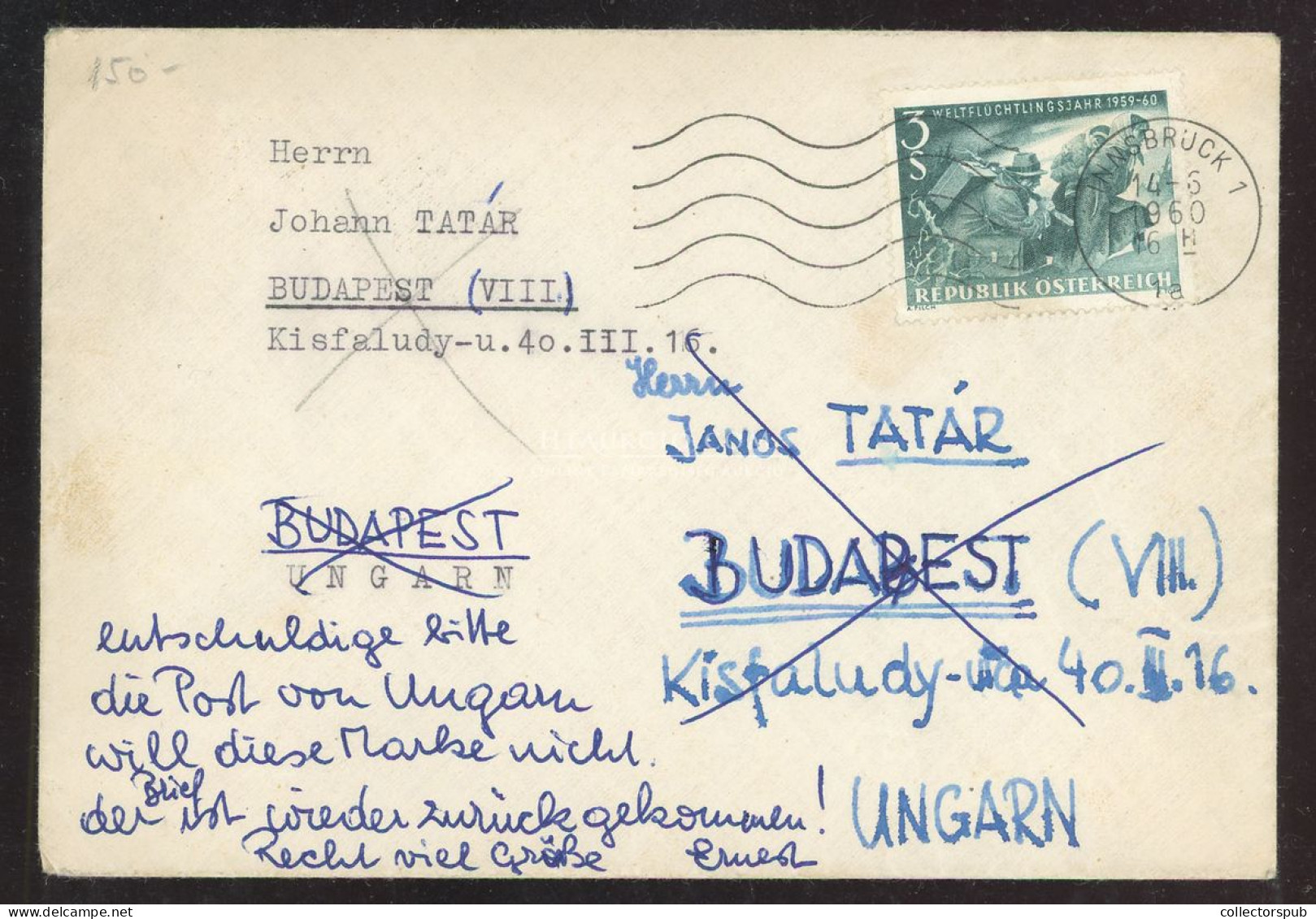 AUSZTRIA 1960. Levél Budapestről Visszaküldve, Az 56-os Eseményekre Utaló Bélyeg Miatt! Ritka Hungarika! - Covers & Documents