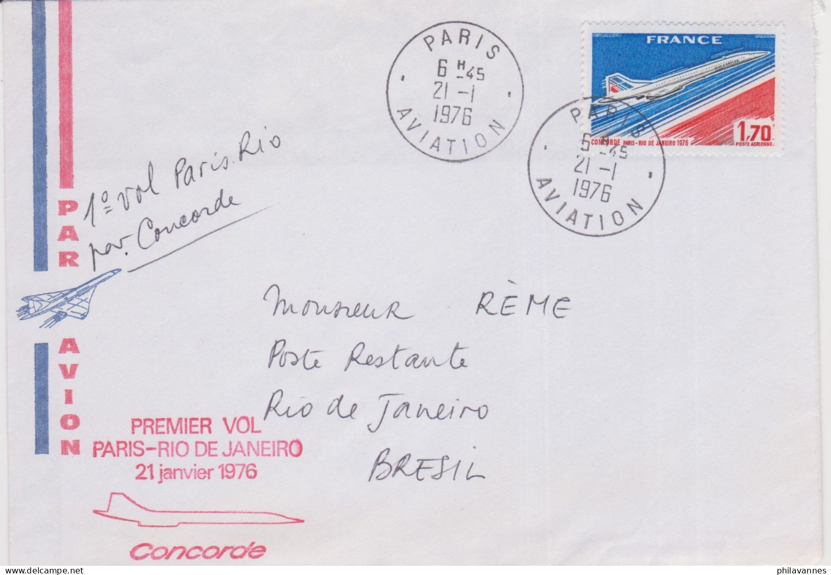 Bresil, Lettre  Pour RIO, PREMIER VOL PARIS RIO EN CONCORDE , 1976( B/007) - Luchtpost