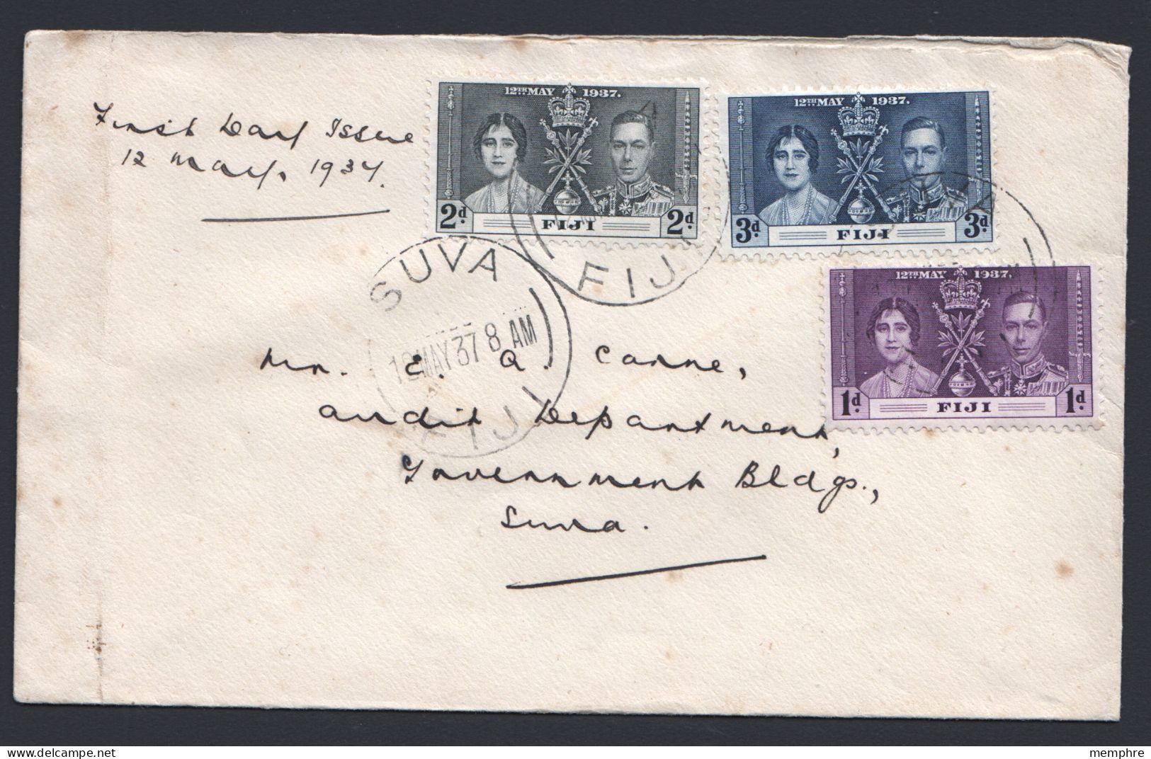 1937 George VI Coronation FDC (no Cachet) Sc 114-6 - Fiji (...-1970)