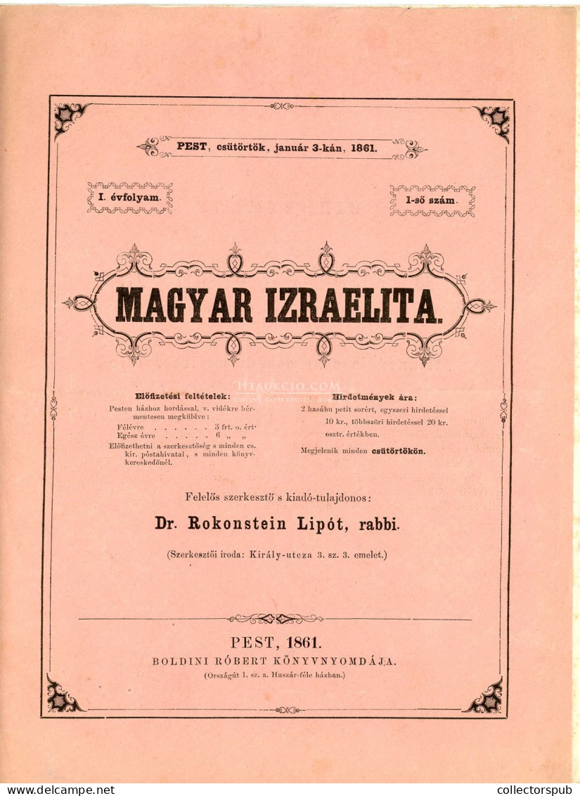 MAGYAR IZRAELITA Hetilap, Szerk: Dr. Rokonstein Lipót Rabbi .1861. I. évfolyam Első Két Száma!!! 2db! JUDAICA HUNGARY - Livres Anciens