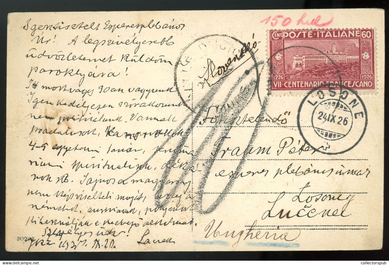 1926. Képeslap Losoncra, Csehszlovákiába Küldve, Portózva - Covers & Documents