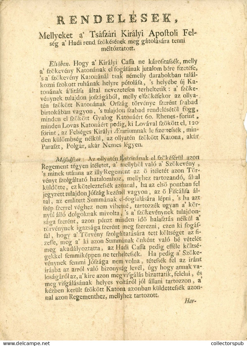 1785."Rendelések... A Tsászári  Hadi Rend Szökésének Gátolására.." Négy Oldalas érdkes, Ritka Nyomtatvány, A 4. Oldalon  - Otros & Sin Clasificación