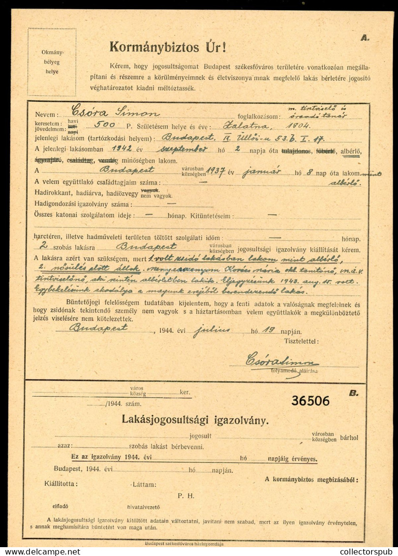 BUDAPEST 1944. Érdekes Dokumentum , Elüldözött Zsidó Deportált Lakásával Kapcsolatban - Autres & Non Classés