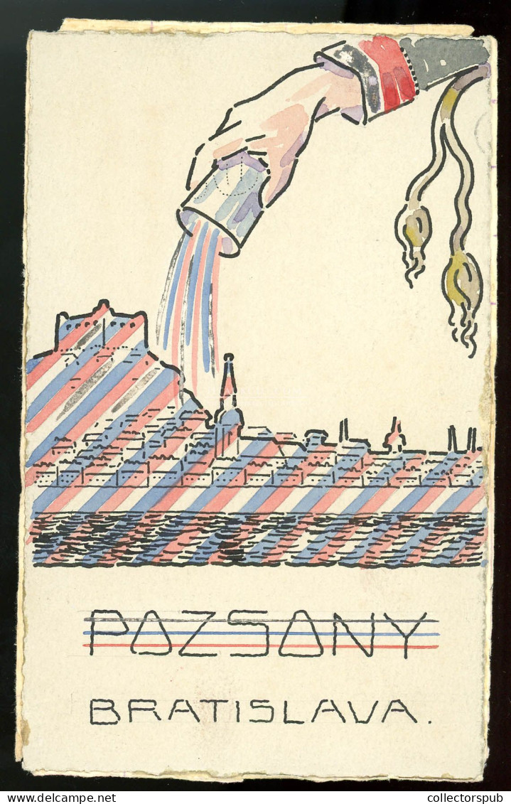 POZSONY 1919.01. Érdekes Schima Bandi Irredenta Képeslap, Magyar-cseh Vegyes Bérmentesítéssel, Túlélő Bélyegzéssel! - Hungría