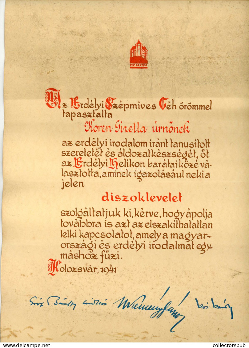 Az Erdélyi Szépmíves Céh Díszoklevele. 1936. Az Oklevél Az Erdély Helikon Magyarországi Baráti Társasági Tagságot Igazol - Autres & Non Classés