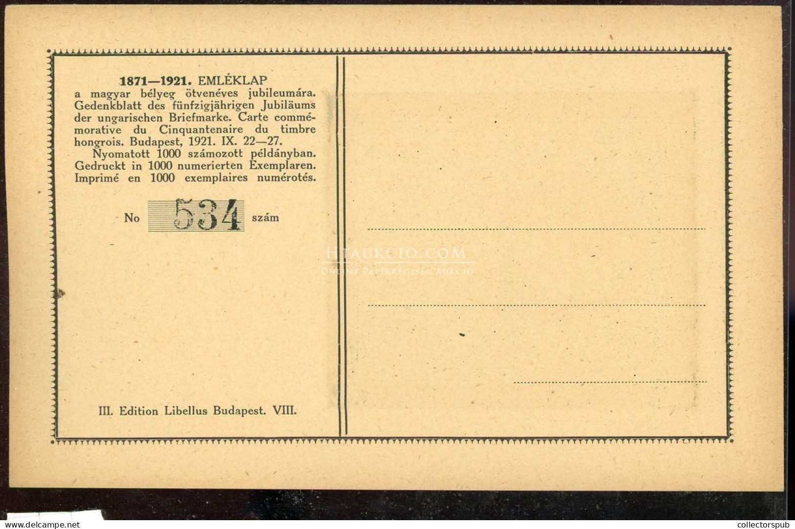 1921 Réznyomat 3kr Sorszámozott Libellus Emléklap (1.000 Példány Készült) Használatlan - Covers & Documents