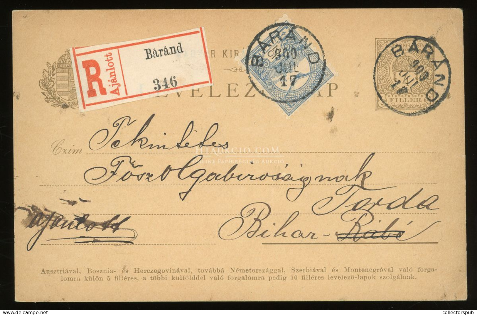 BÁRÁND 1900. Kiegészített, Ajánlott Díjjegyes Levlap Bihartordára Küldve - Lettres & Documents