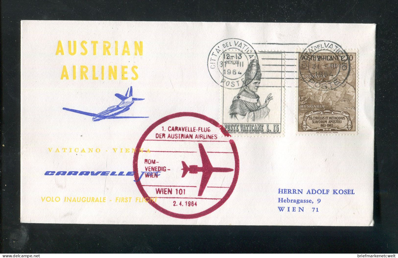 "VATIKAN" 1964, Zuleitungsbrief Zu AUA-Caravelle-Erstflug "Rom-Wien" (6030) - First Flight Covers