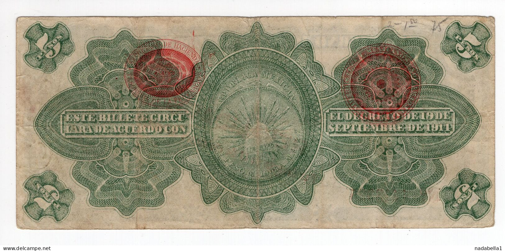 1914. MEXICO REVOLUTION 5 PESOS GOBIERNO OVERPRINT - Mexique