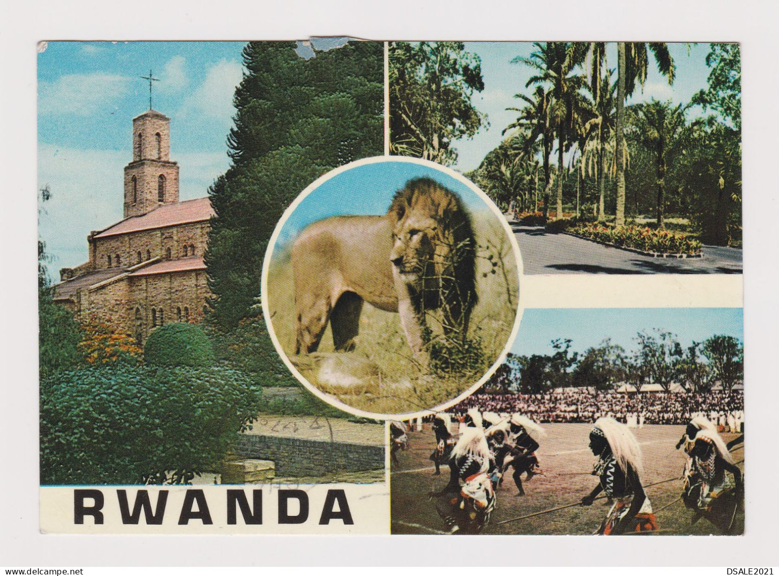 RWANDA Multiple Views Church, Native Dance, Photo Postcard With 18F Topic Stamp 1970s Sent Airmail To Bulgaria (67381) - Cartas & Documentos