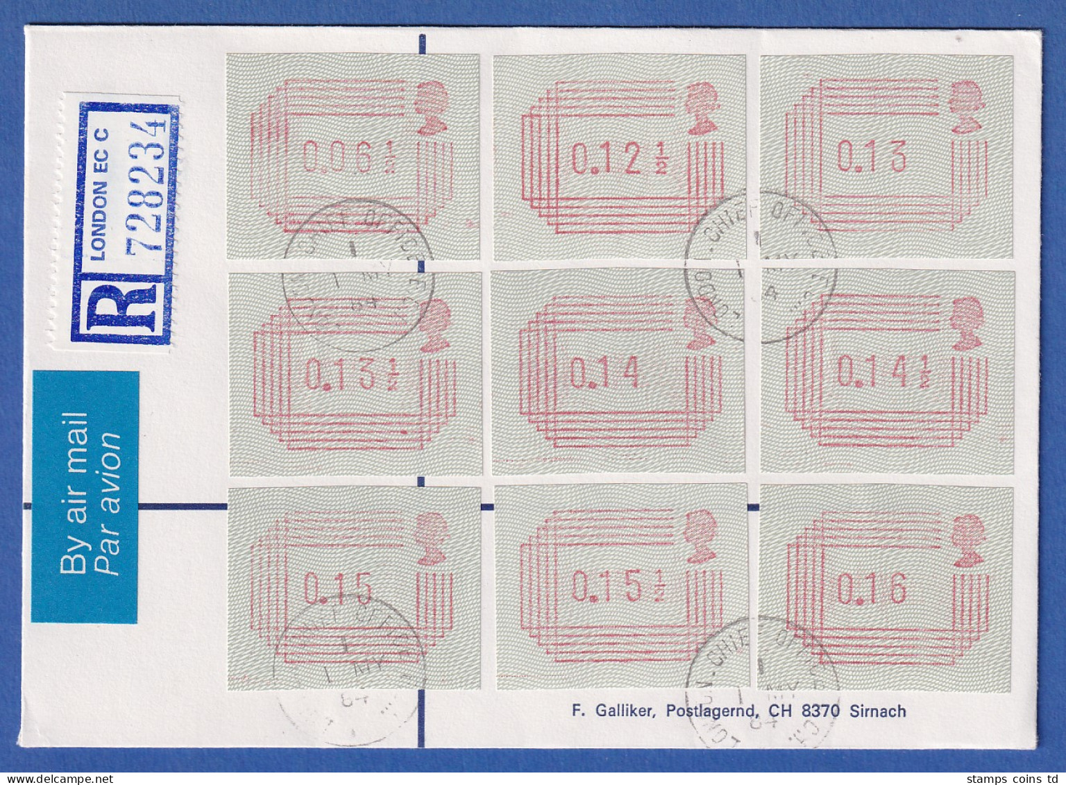 Großbritannien FRAMA-ATM 9 Werte Auf R-FDC Mit Tages-O London 1.5.84 Gel Nach CH - Otros & Sin Clasificación