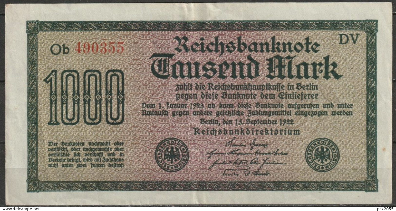 DR.1000 Mark Reichsbanknote 15.9.1922 Ros.Nr.75q, P76 ( D 6489 ) - 1000 Mark