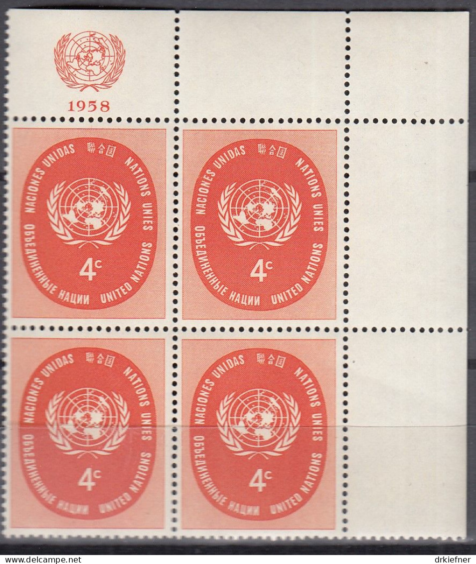 UNO NEW YORK 70, Postfrisch **, 4erBlock Mit Randzierfeld, Freimarke, 1958 - Nuevos