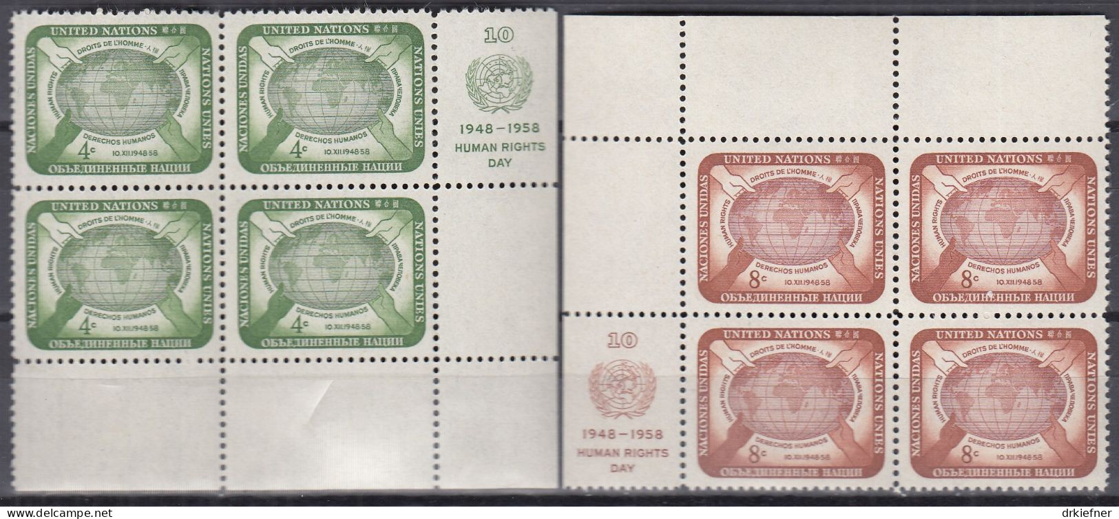 UNO NEW YORK 74-75, Postfrisch **, 4erBlock Mit Randzierfeld, Tag Der Menschenrechte, 1958 - Nuovi