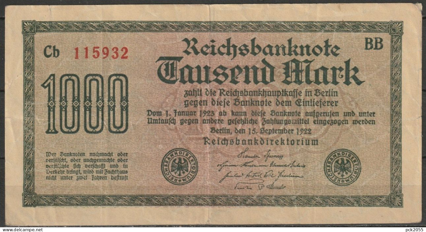 DR.1000 Mark Reichsbanknote 15.9.1922 Ros.Nr.75d, P76 ( D 6094 ) - 1.000 Mark