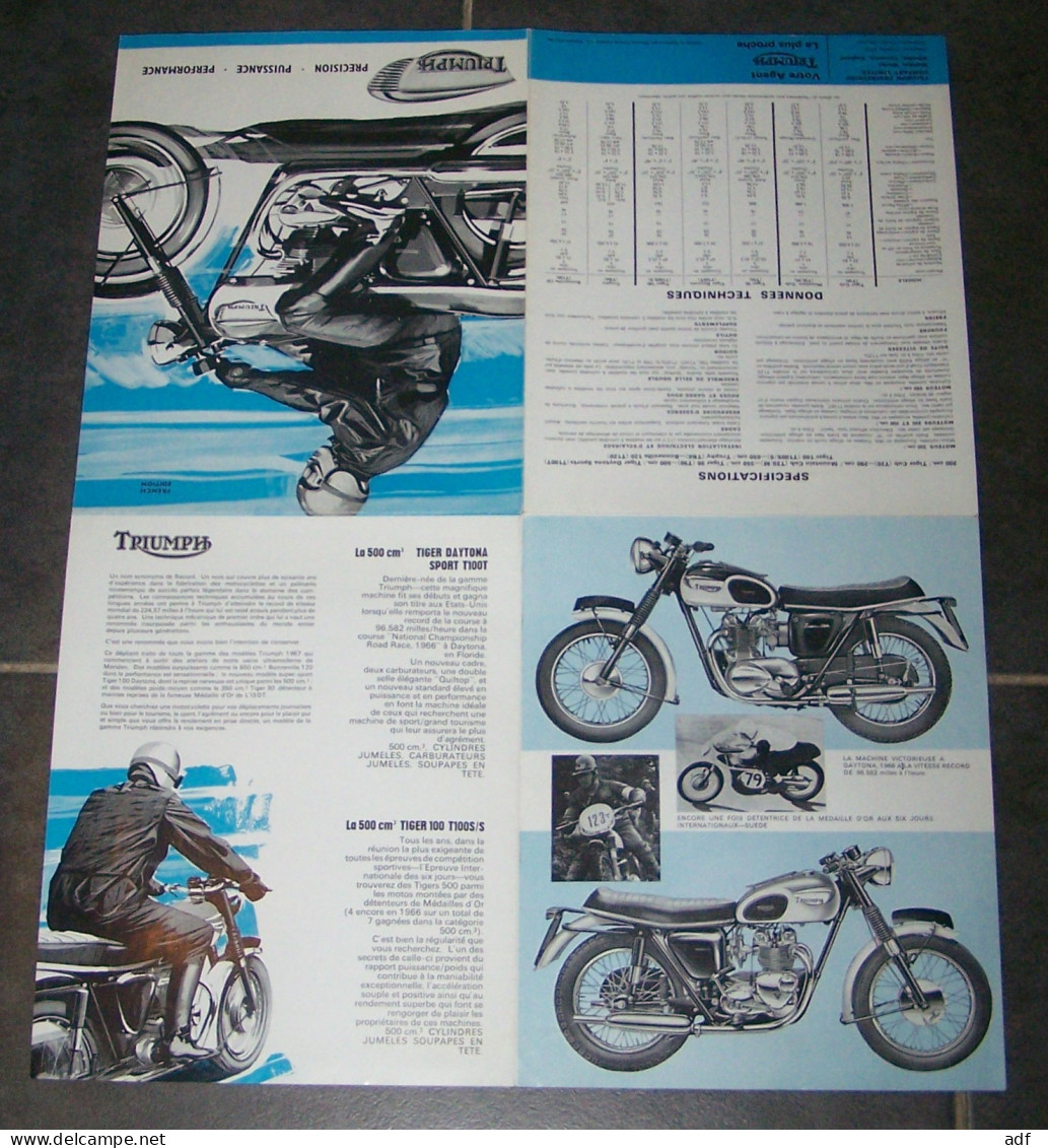 DEPLIANT PUB PUBLICITAIRE MOTO TRIUMPH BONNEVILLE T120, TROPHY TR6, TIGER 90, CUB, MOUNTAIN, MOTOS, MOTOCYCLETTES - Motos