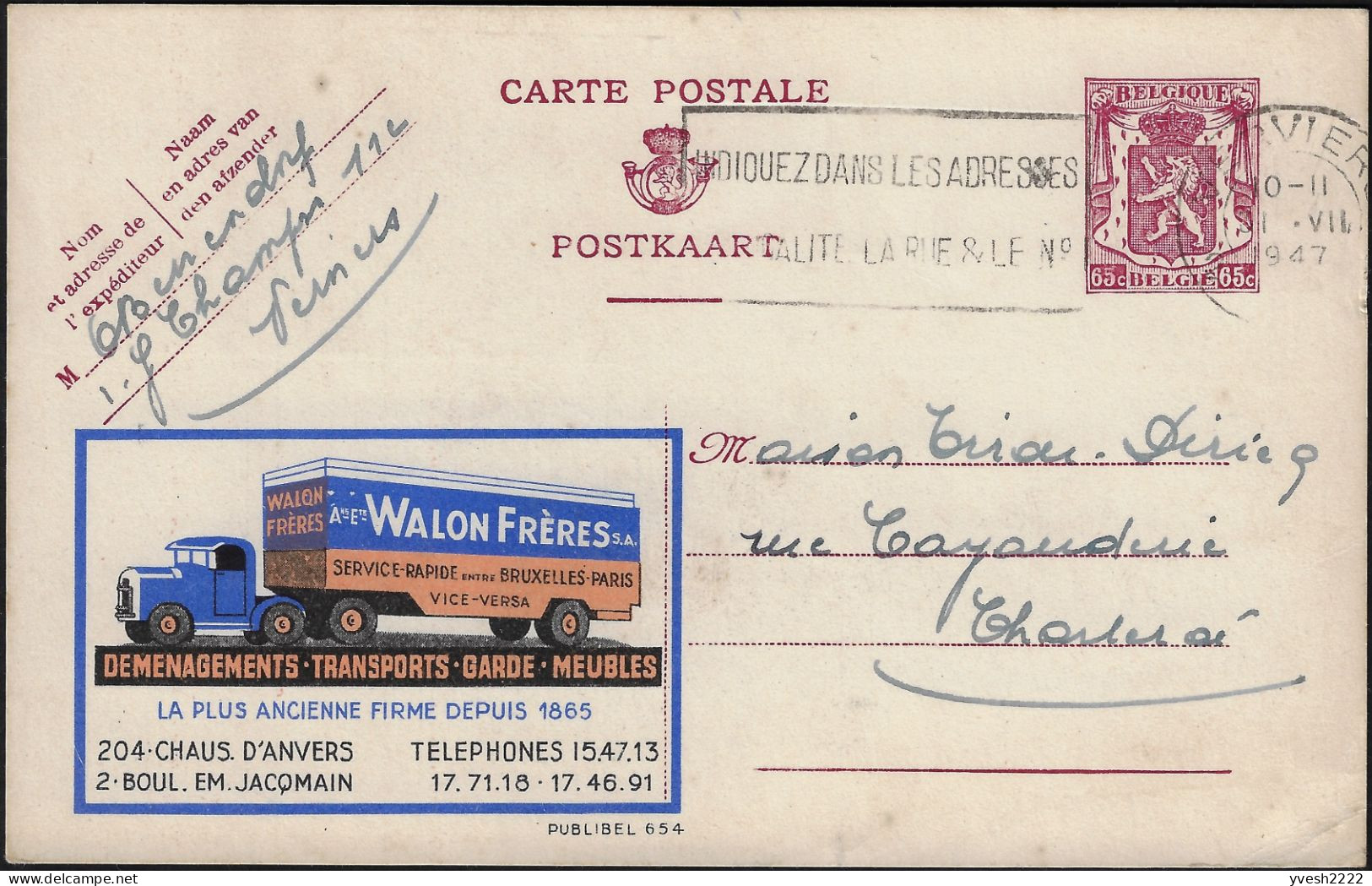 Belgique 1947 Publibel 654 Walon Frères Déménagements, Garde-meubles - Camion