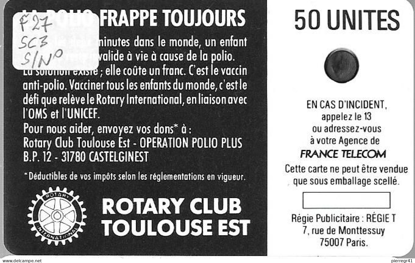 CARTE-PUBLIC-1988-F 27.000--SC3-50U-Sans N°-POLIO-Utilisé-TB E-LUXE/RARE - 1988