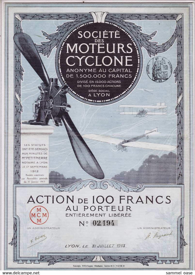 Faksimile / Reprint  -  Societe Des Moteurs Cyclone  -  Nachdruck Vom Wertpapier 1913 - Fliegerei