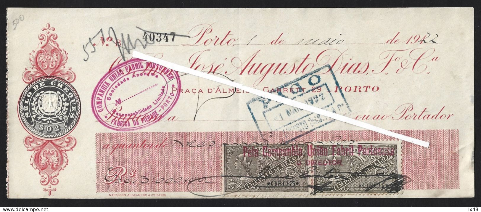 Check From José Augusto Dias Fº Banking House 1910. Check In Réis From CUF, Porto. Check Stamp $02 With Additional Fees. - Chèques & Chèques De Voyage