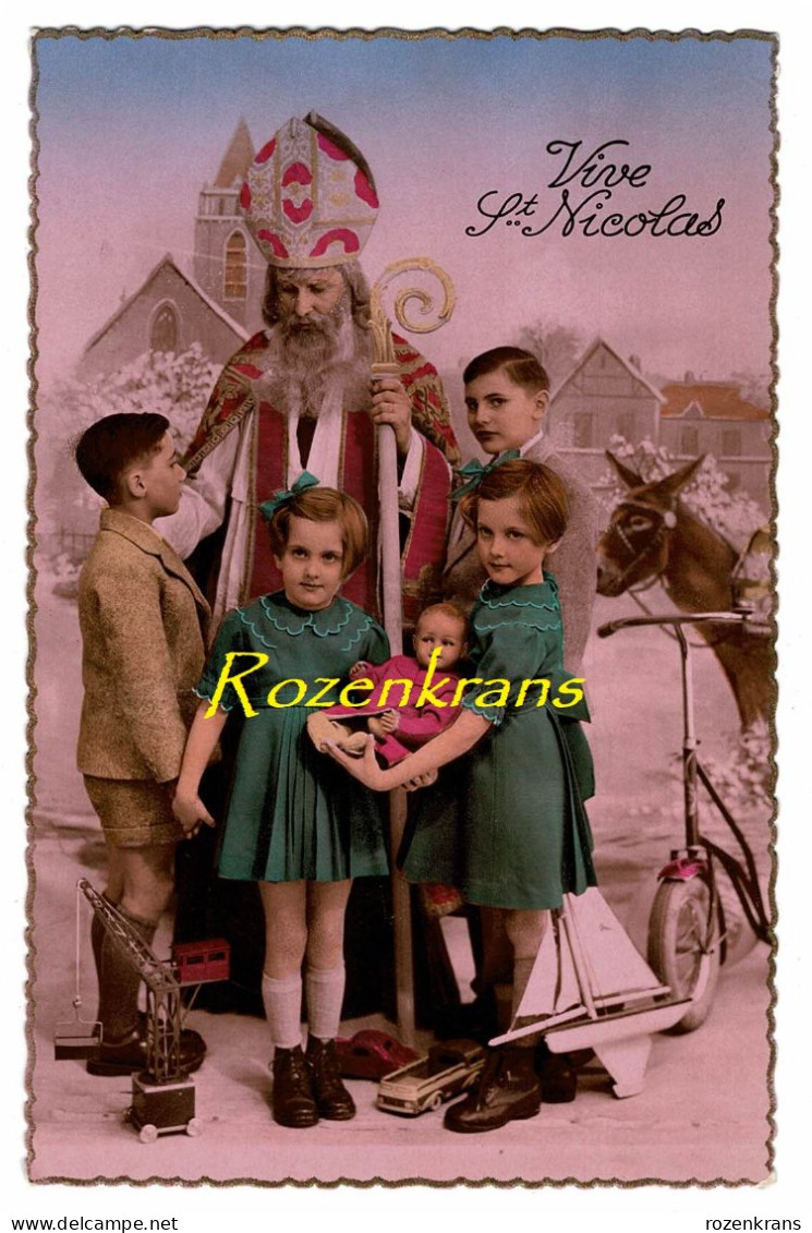 CPA Sinterklaas Vive Saint St Nicolas Santa Claus Old Postcard Carte Postale Fantaisie Enfant Jouet Doll Poupee Donkey - Saint-Nicolas