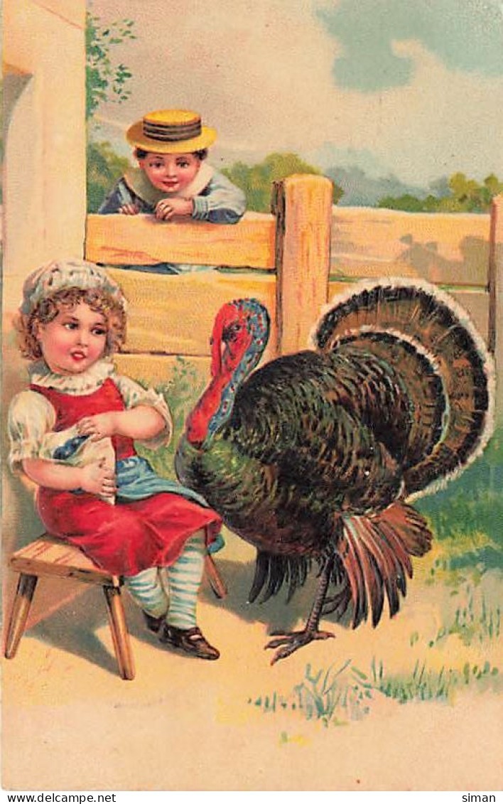 N°24271 - Carte Gaufrée - Thanksgiving - Garçon Regardant Une Fillette Assise Près D'un Dindon - Thanksgiving