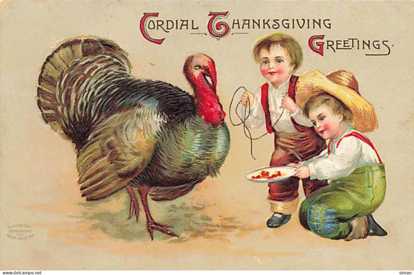 N°24272 - Carte Gaufrée - Clapsaddle - Cordial Thanksgiving Greetings - Garçons Près D'une Dinde - Giorno Del Ringraziamento