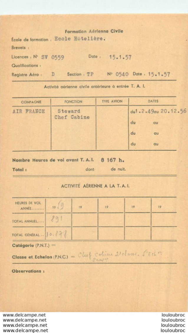 LOT DE10 FICHES  INDIVIDUELLES  MEMBRES  T.A.I. TRANSPORTS AERIENS INTERCONTINENTAUX  AVEC ACTIVITE AERIENNE REF D