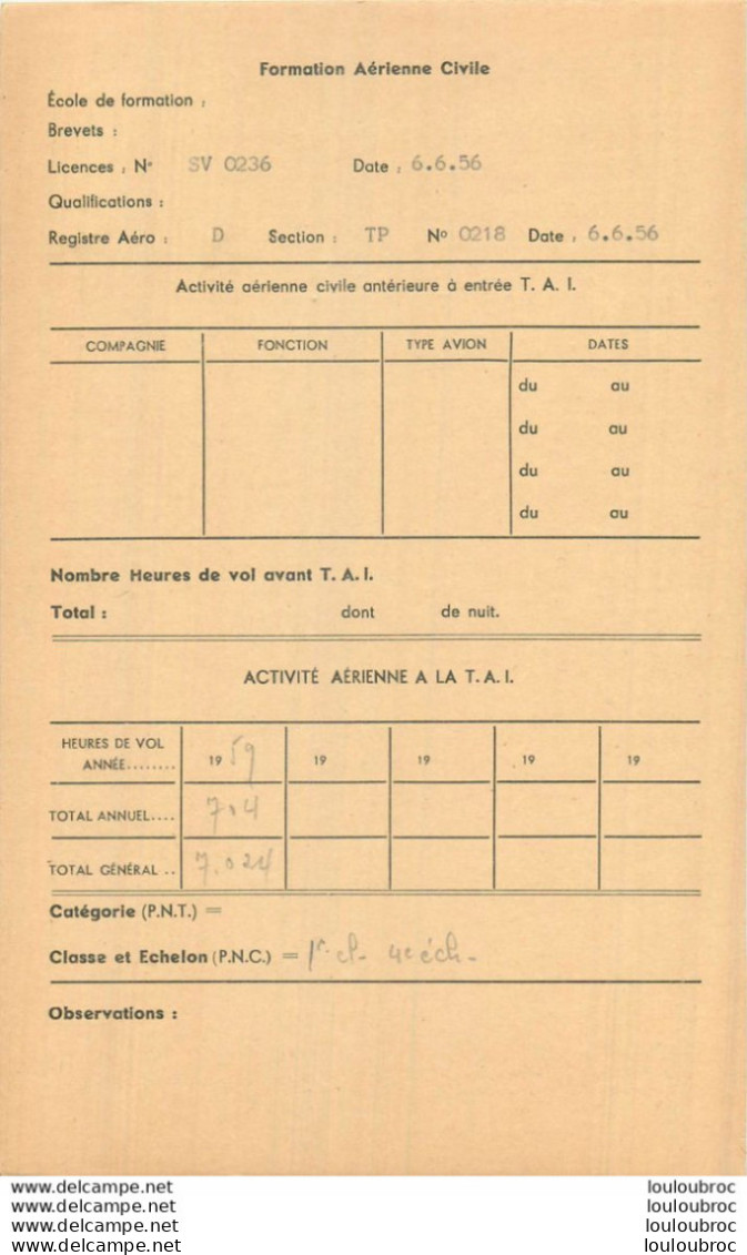 LOT DE10 FICHES  INDIVIDUELLES  MEMBRES  T.A.I. TRANSPORTS AERIENS INTERCONTINENTAUX  AVEC ACTIVITE AERIENNE REF D