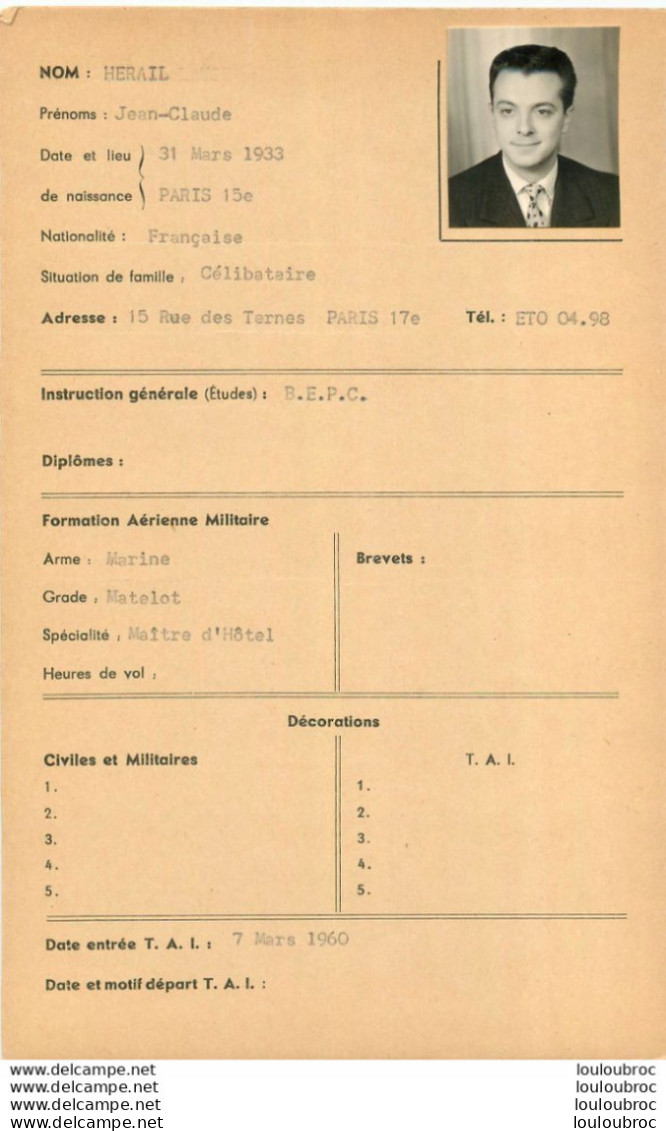 LOT DE10 FICHES  INDIVIDUELLES  MEMBRES  T.A.I. TRANSPORTS AERIENS INTERCONTINENTAUX  AVEC ACTIVITE AERIENNE REF E - Autres & Non Classés