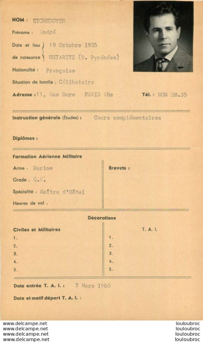 LOT DE10 FICHES  INDIVIDUELLES  MEMBRES  T.A.I. TRANSPORTS AERIENS INTERCONTINENTAUX  AVEC ACTIVITE AERIENNE REF E - Autres & Non Classés