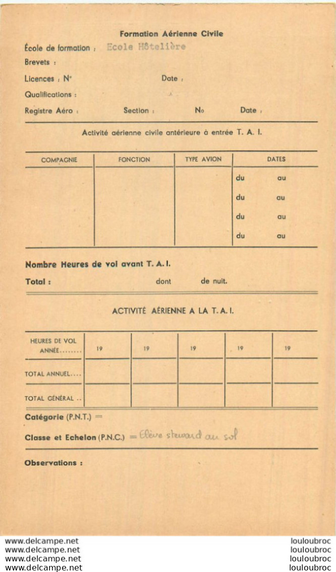 LOT DE10 FICHES  INDIVIDUELLES  MEMBRES  T.A.I. TRANSPORTS AERIENS INTERCONTINENTAUX  AVEC ACTIVITE AERIENNE REF E